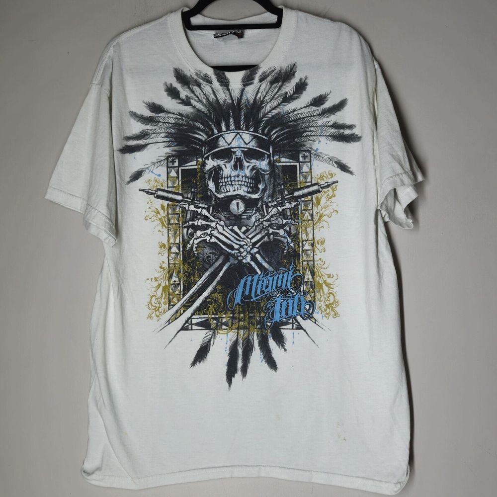 Miami Ink Shirt Mens Large White Fade Skulls Wreath Grunge Vintage Y2K